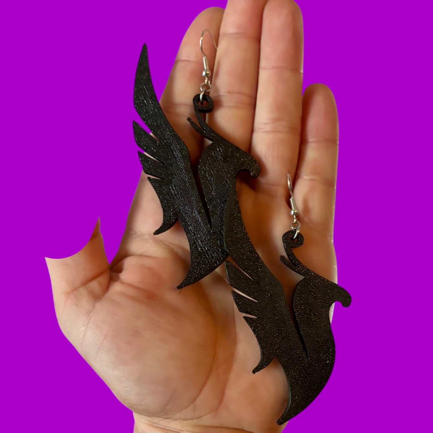 Large black 3d printed Phoenix Earrings