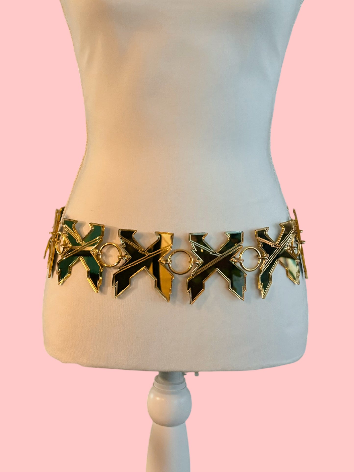 X inspired silver or gold mirror reflective acrylic metal ring belt