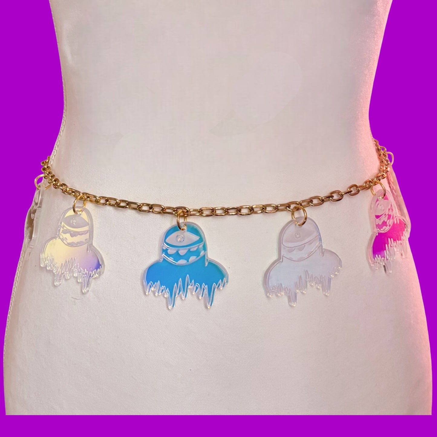 Custom stainless steel and iridescent acrylic chain belt