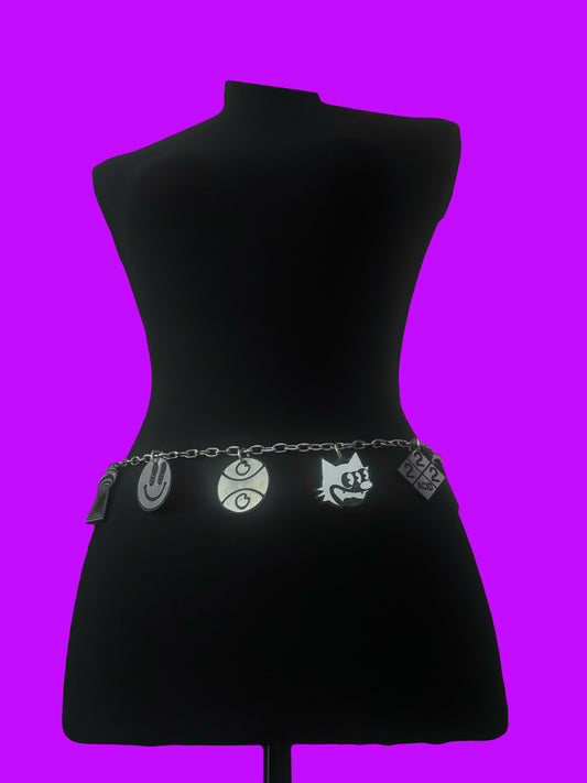 G Jones inspired multi logo chain belt