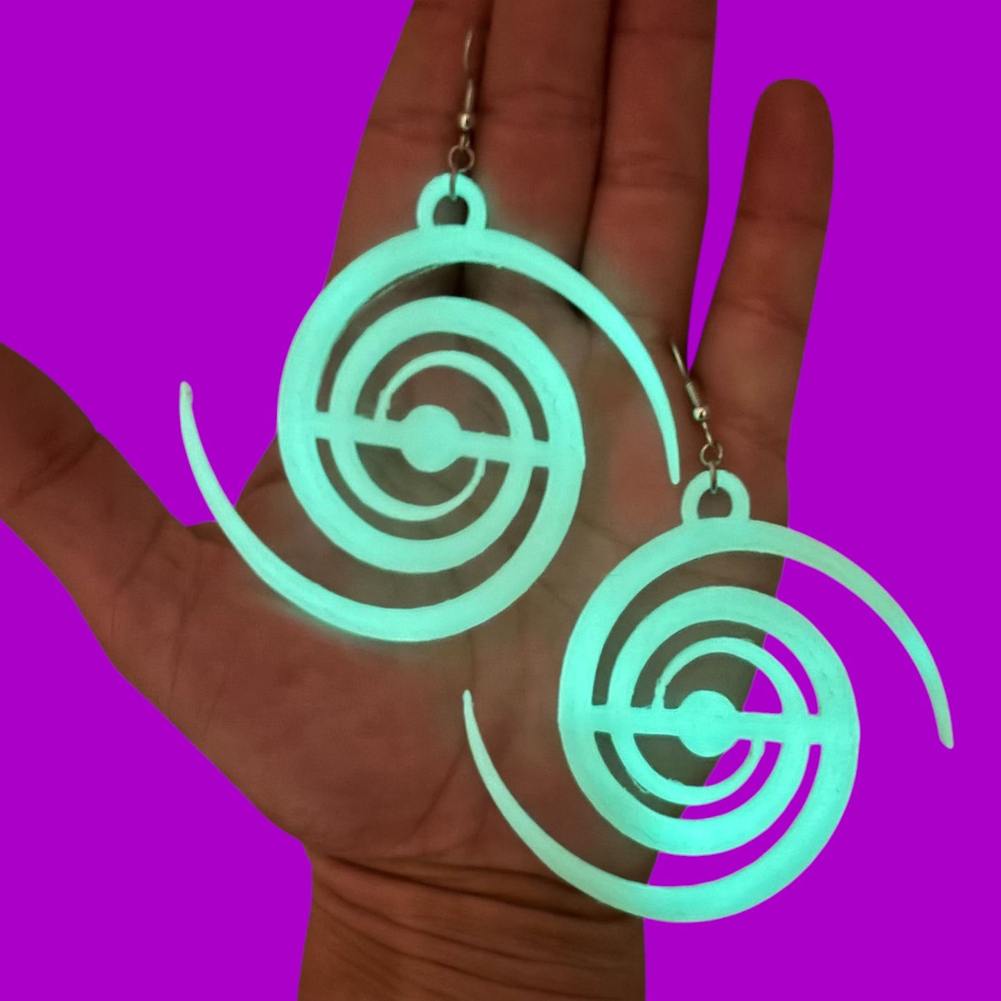 Large 3d printed spiral glow in the dark earrings