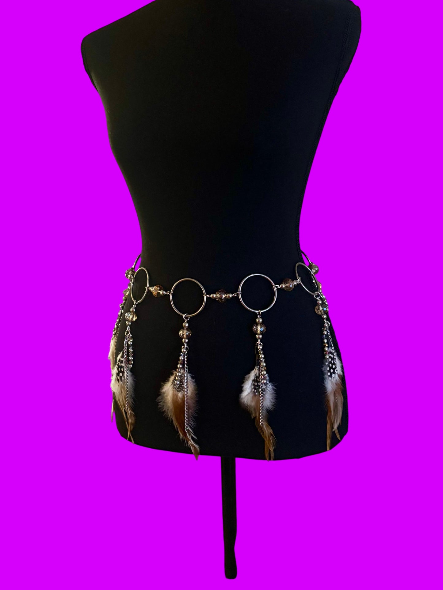 Beaded feather belt- peacock or brown