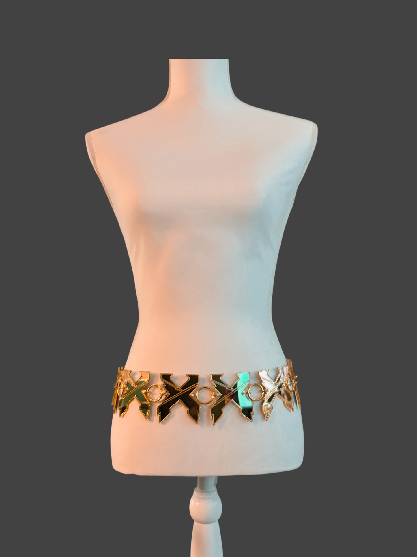 X inspired silver or gold mirror reflective acrylic metal ring belt