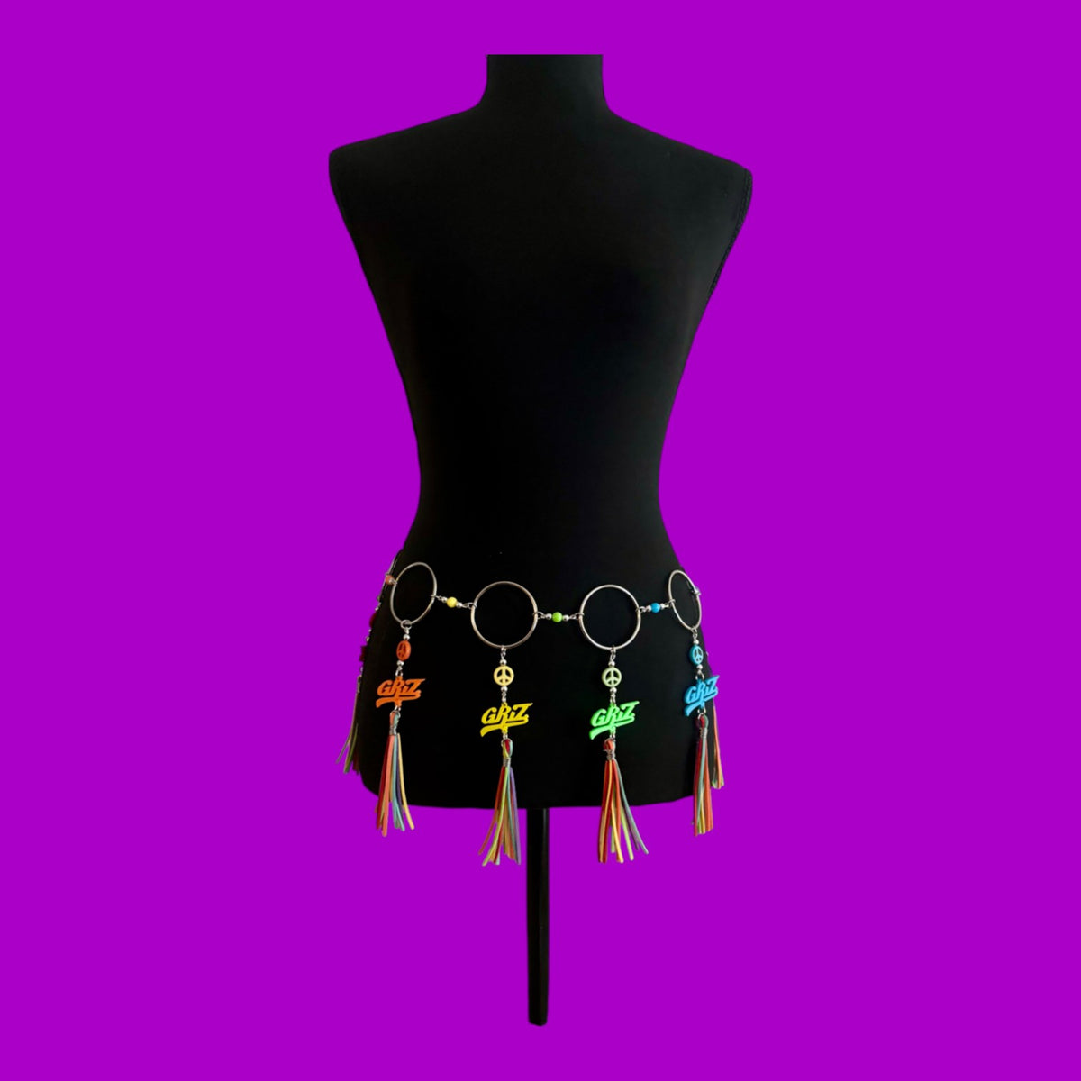 Rainbow Peace Sign Beaded Tassel Belt