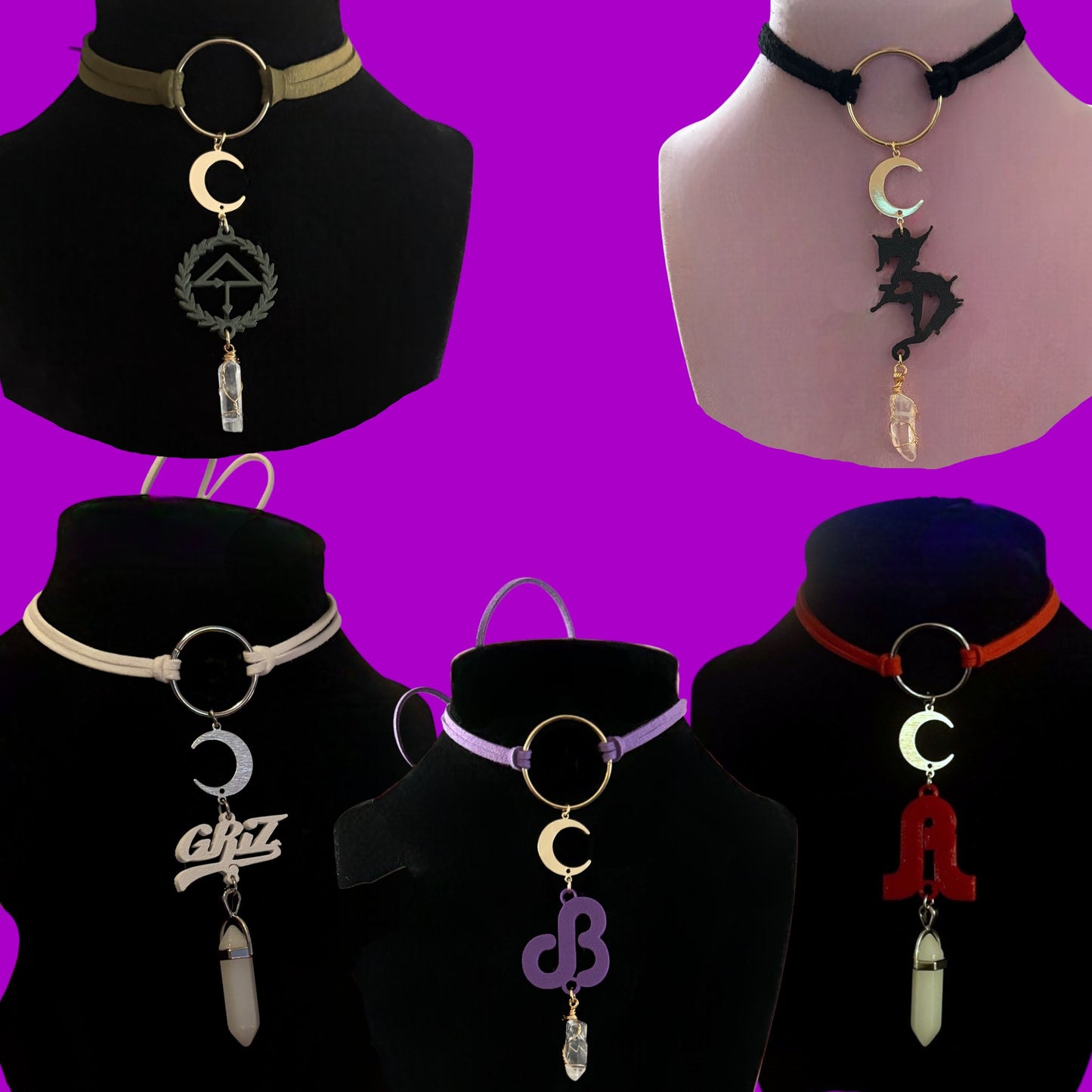 Customizable moon crystal artist tie back chokers