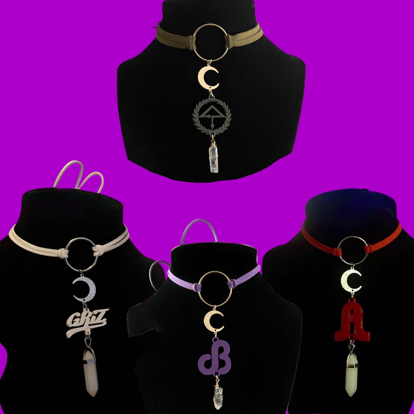 Customizable moon crystal artist tie back chokers