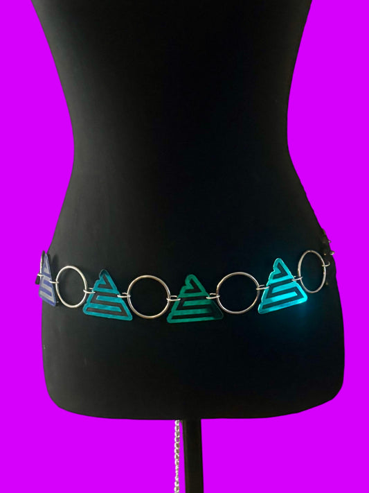Custom teal/pine/blue holographic metal ring belt