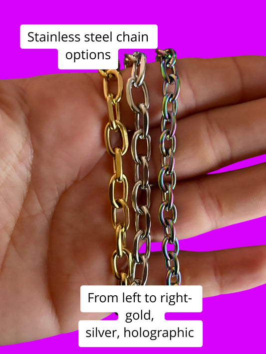 Custom stainless steel and iridescent acrylic chain belt
