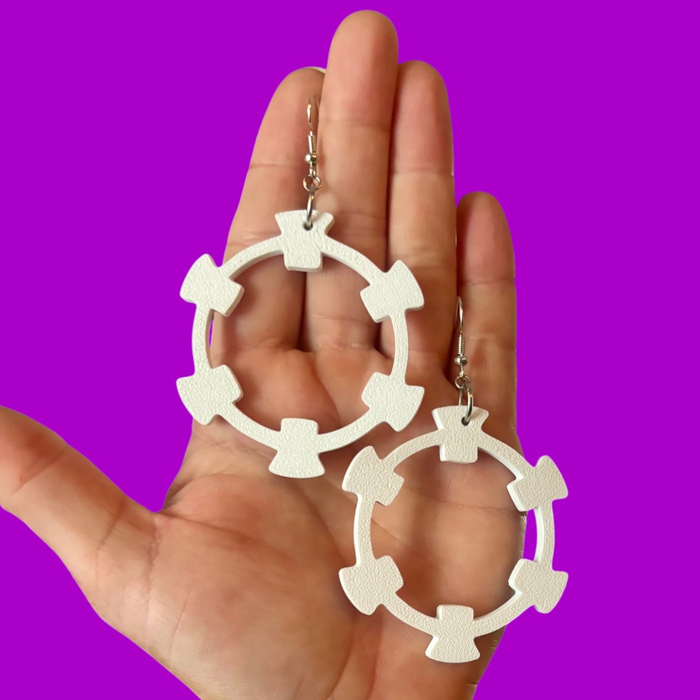 Large white 3d printed Cassette Wheel earrings