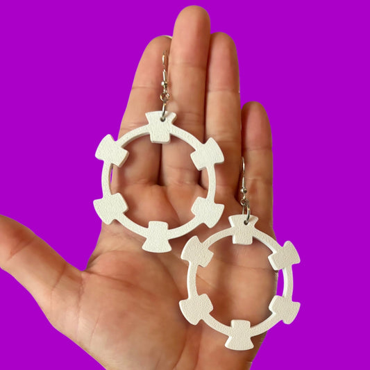 Large white 3d printed Cassette Wheel earrings