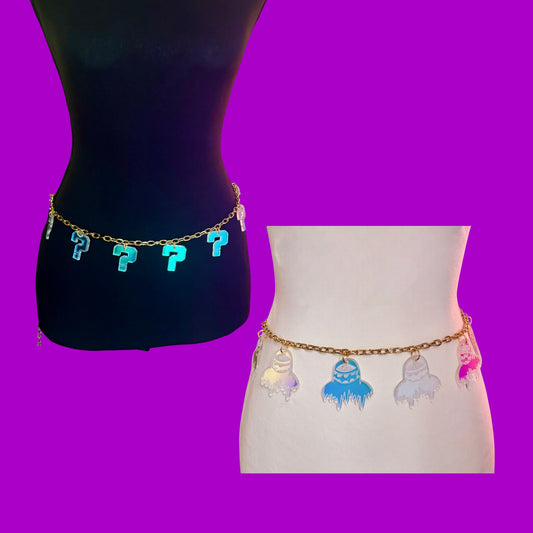 Custom stainless steel and iridescent acrylic chain belt