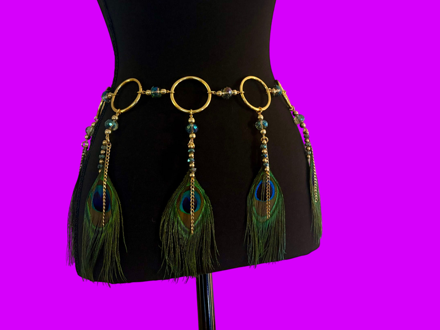 Beaded feather belt- peacock or brown