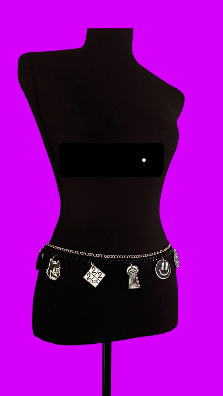 G Jones inspired multi logo chain belt