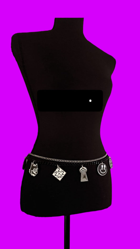 G Jones inspired multi logo chain belt