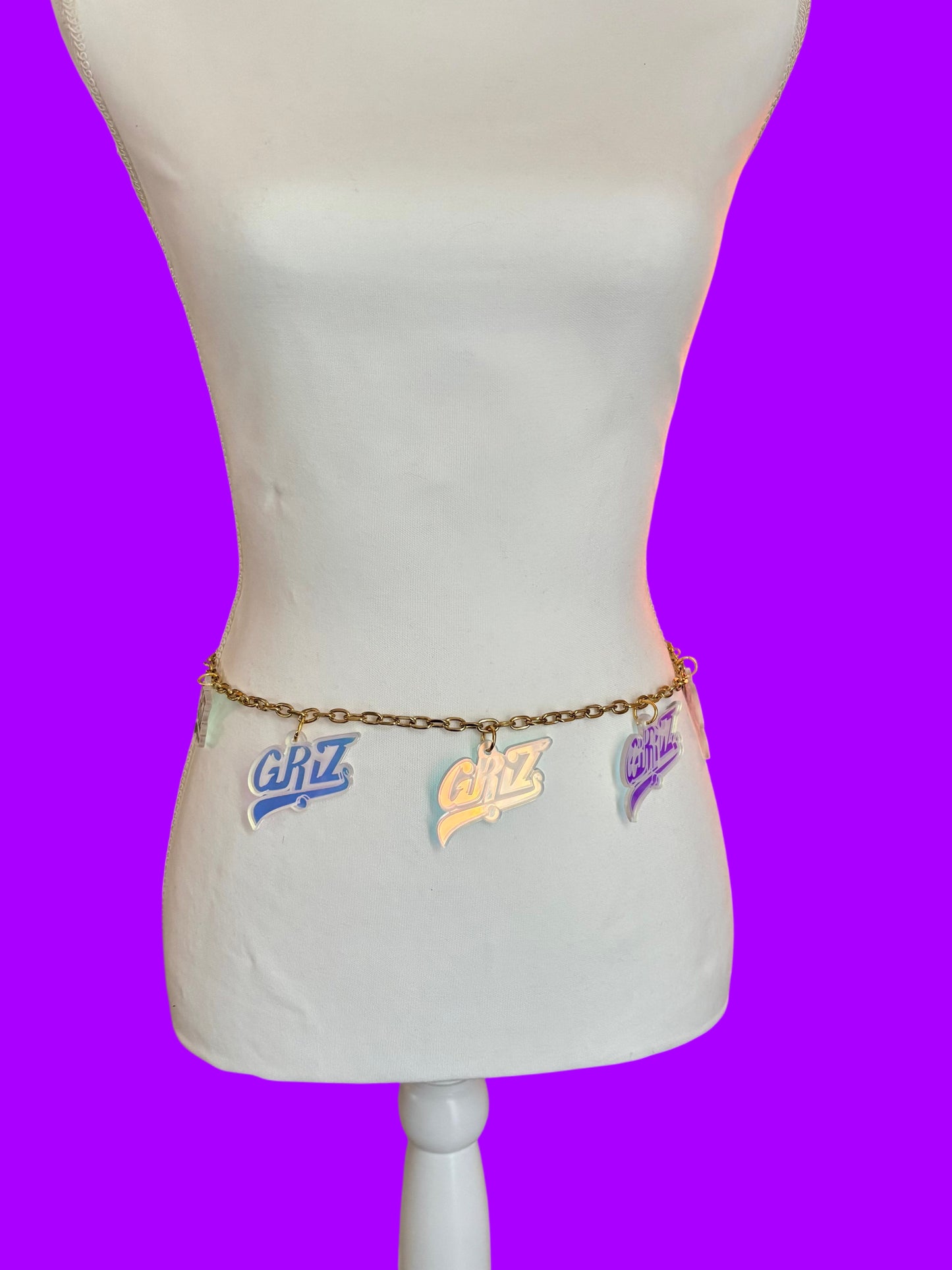 Customizable stainless steel and iridescent acrylic chain belt