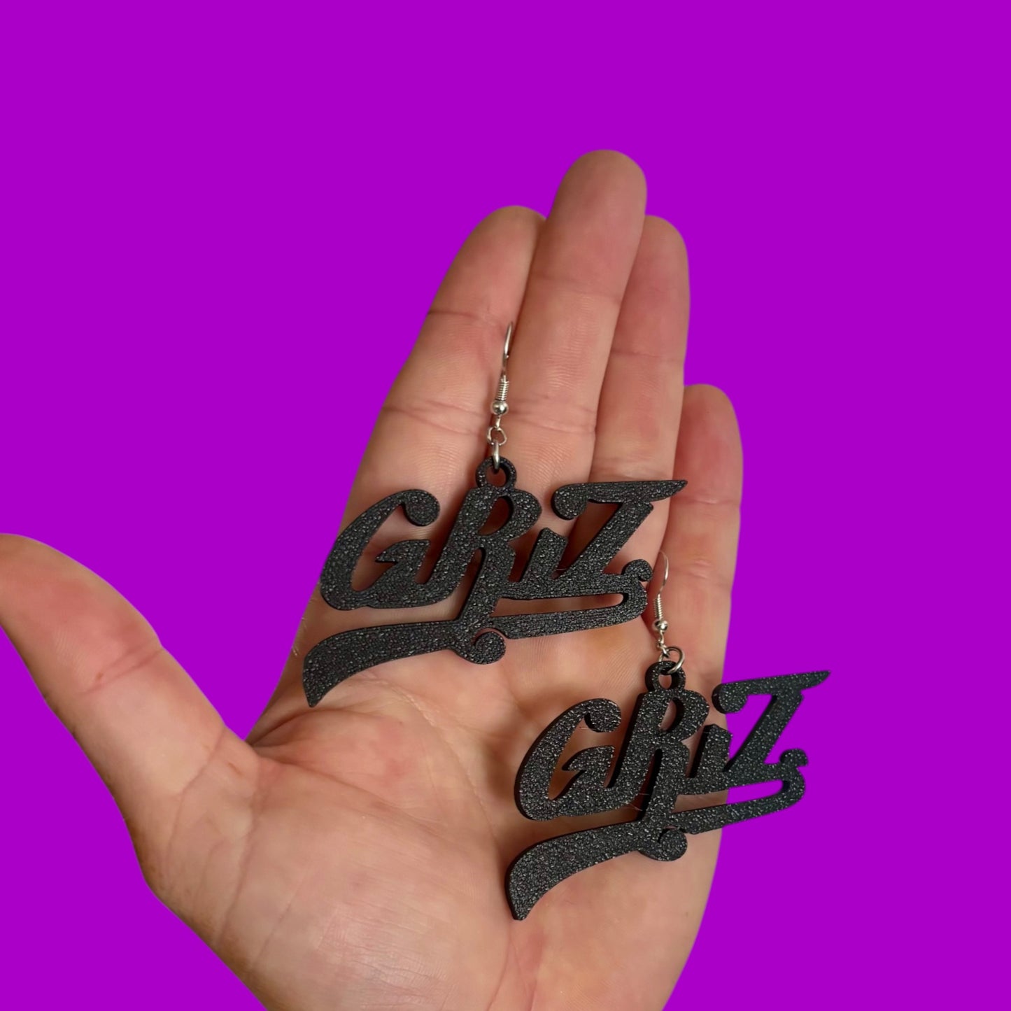 Large black 3d printed Griz word Earrings