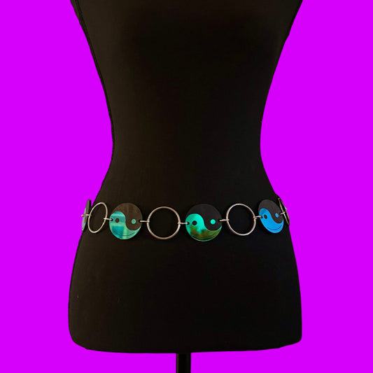 Custom teal/pine/blue holographic metal ring belt