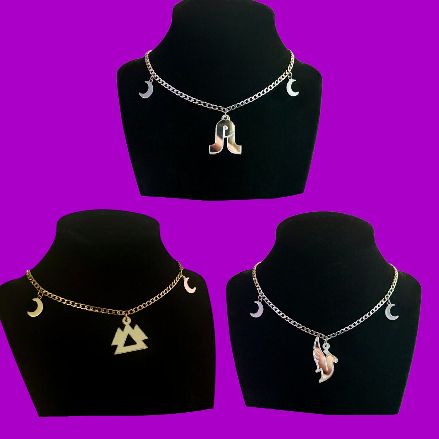 Custom stainless steel & acrylic moon necklaces