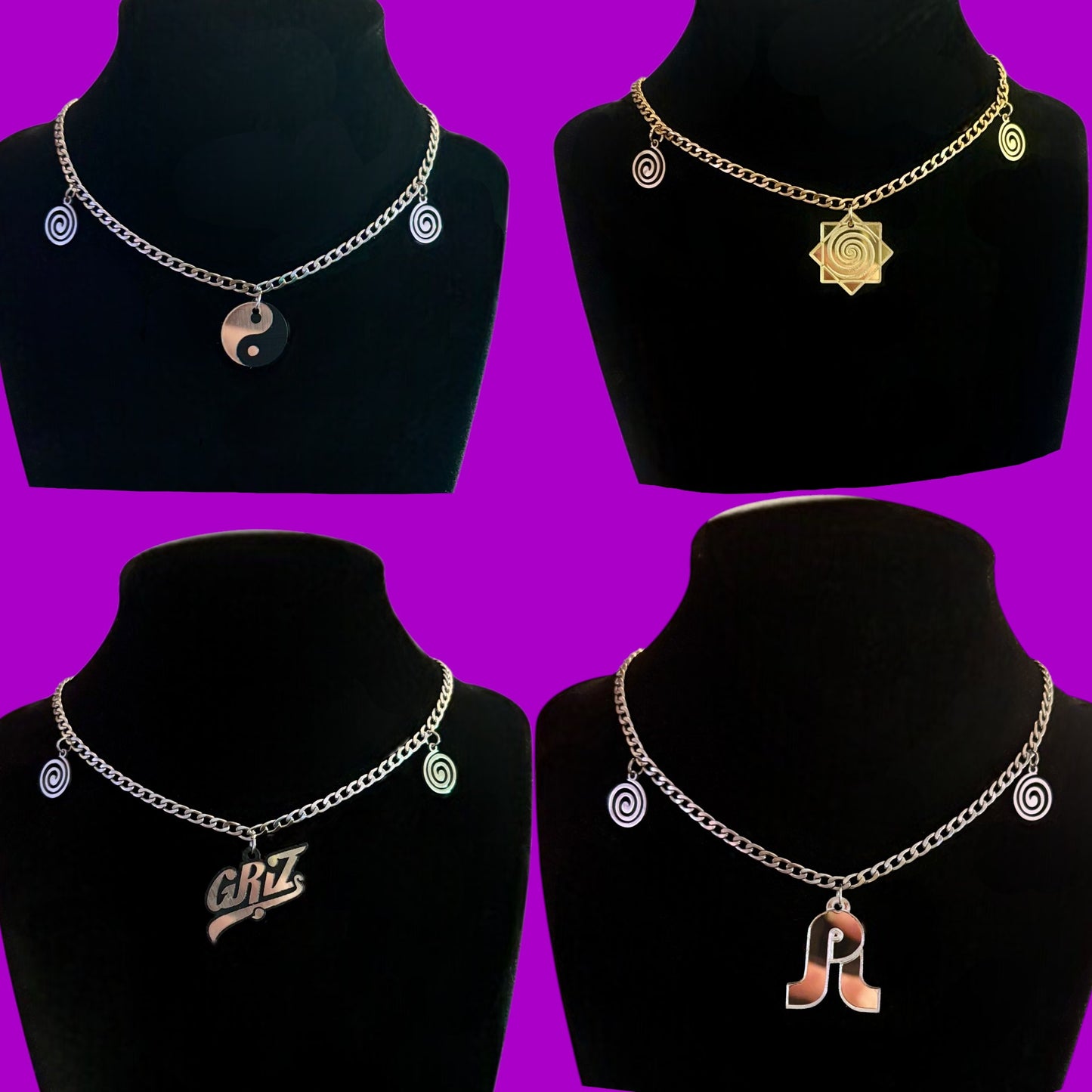 Custom stainless steel & acrylic swirl necklaces