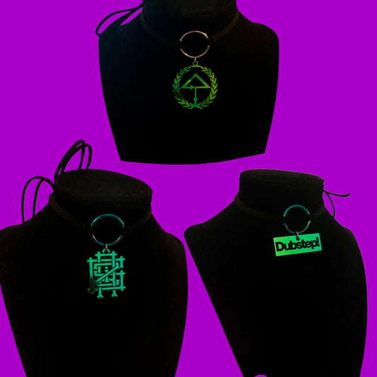 Custom teal/pine/ blue holo acrylic charm tie back choker