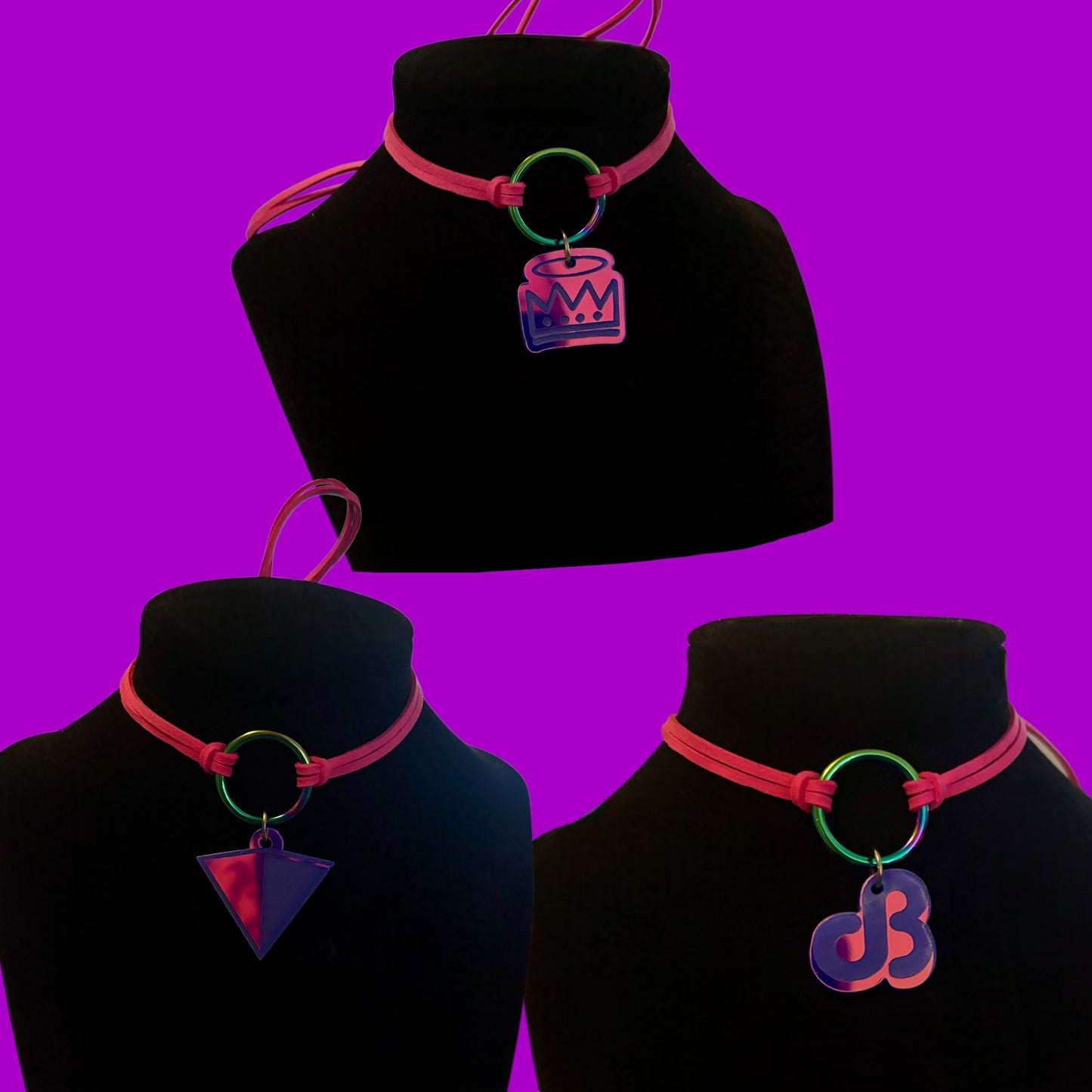 Custom violet holo acrylic charm tie back choker