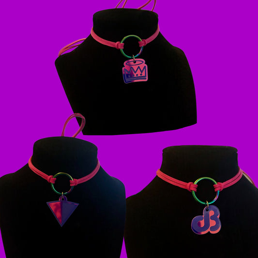 Custom violet holo acrylic charm tie back choker