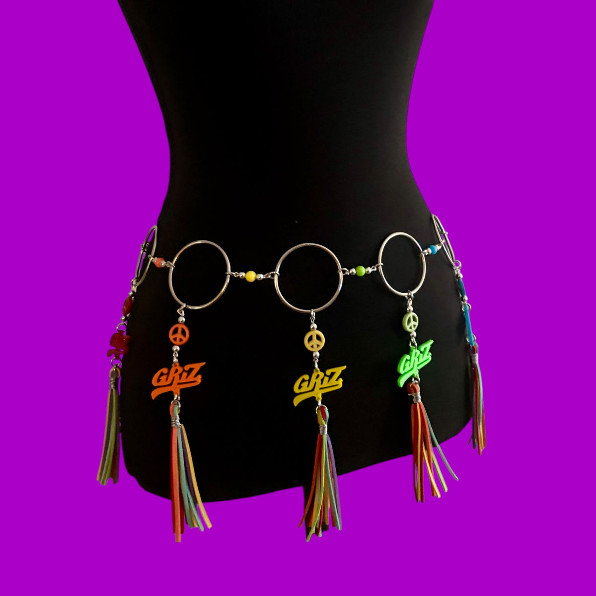 Rainbow Peace Sign Beaded Tassel Belt