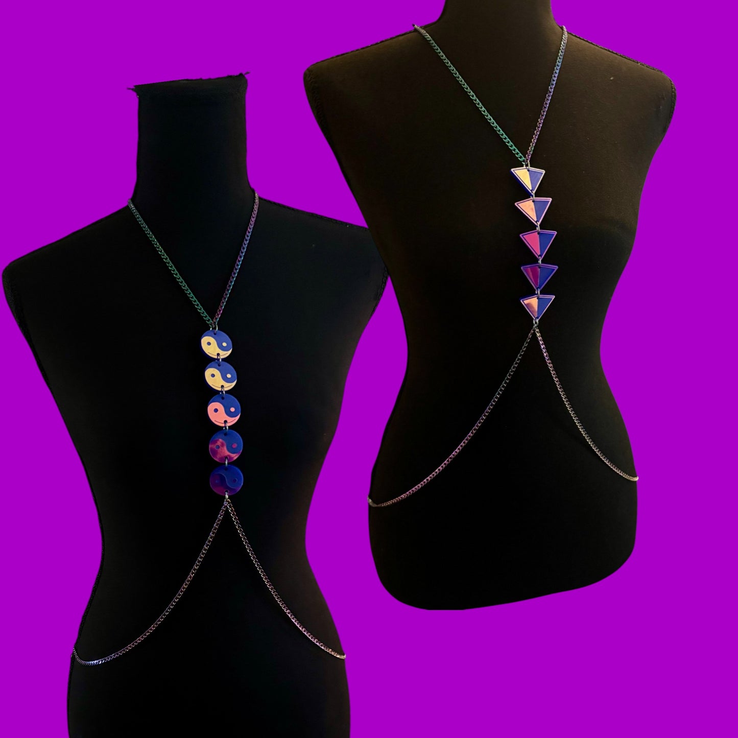 Custom violet holographic acrylic & stainless steel body chains