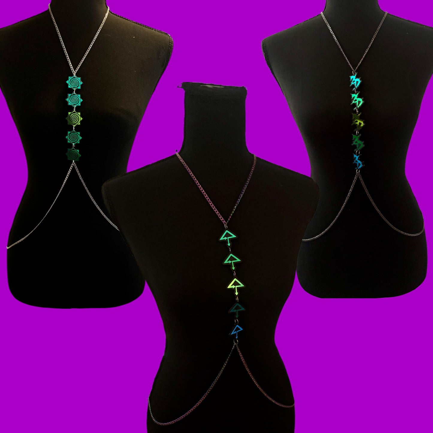 Custom teal/pine/blue holographic stainless steel body chains