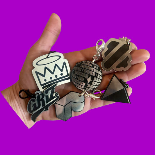 Custom steel and black acrylic clip on charms