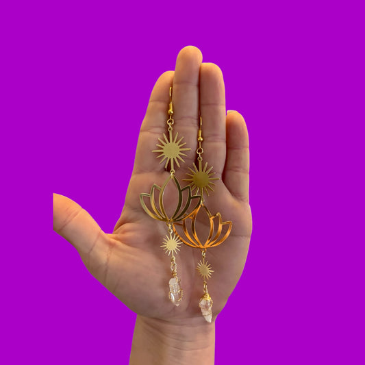 Gold lotus flower sparkle crystal earrings
