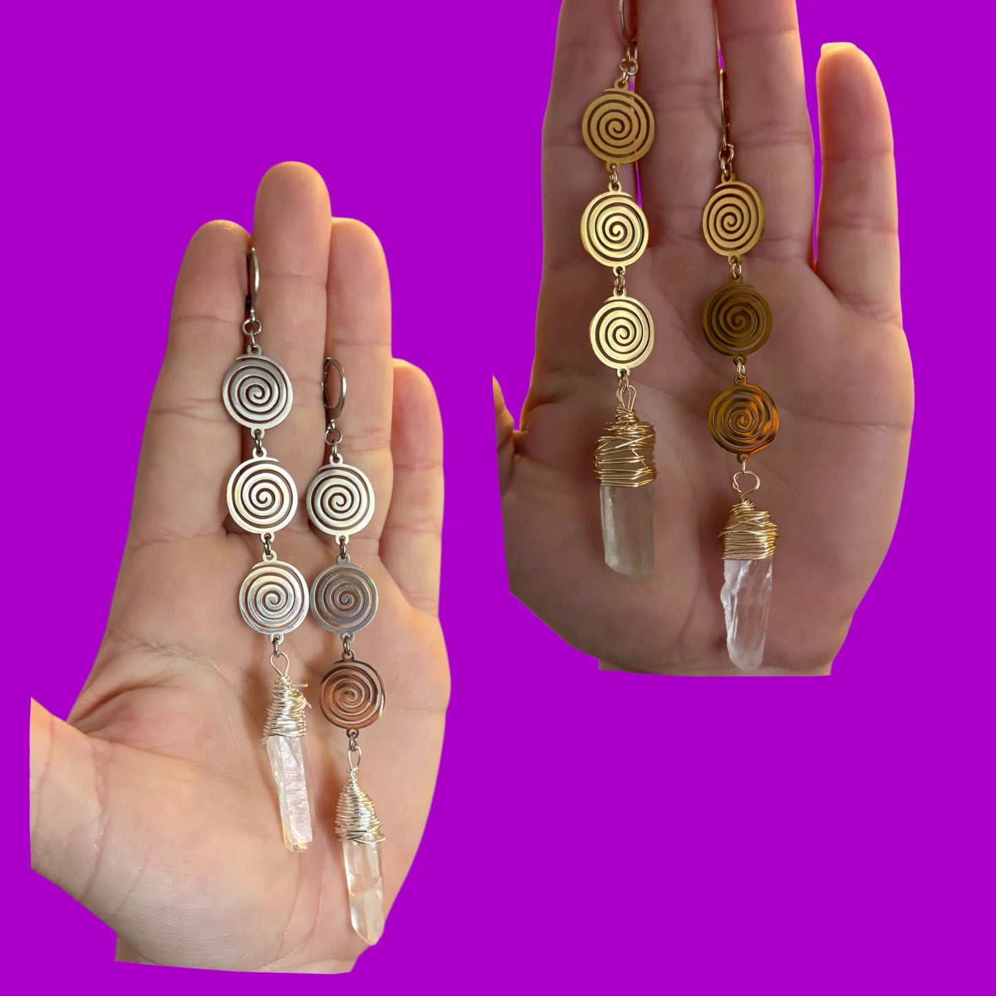 Silver/gold stainless steel swirl crystal dangles