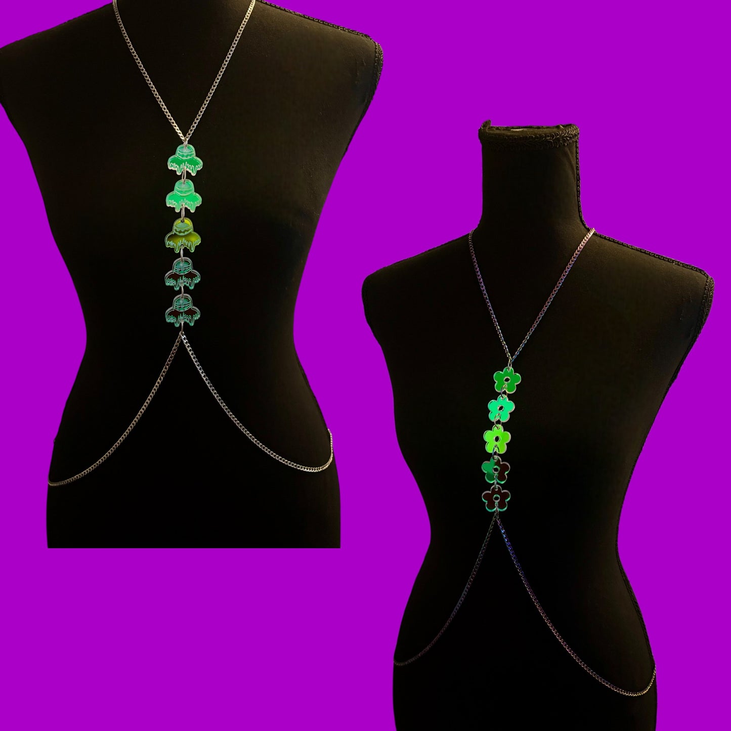 Custom iridescent charm & stainless steel body chains