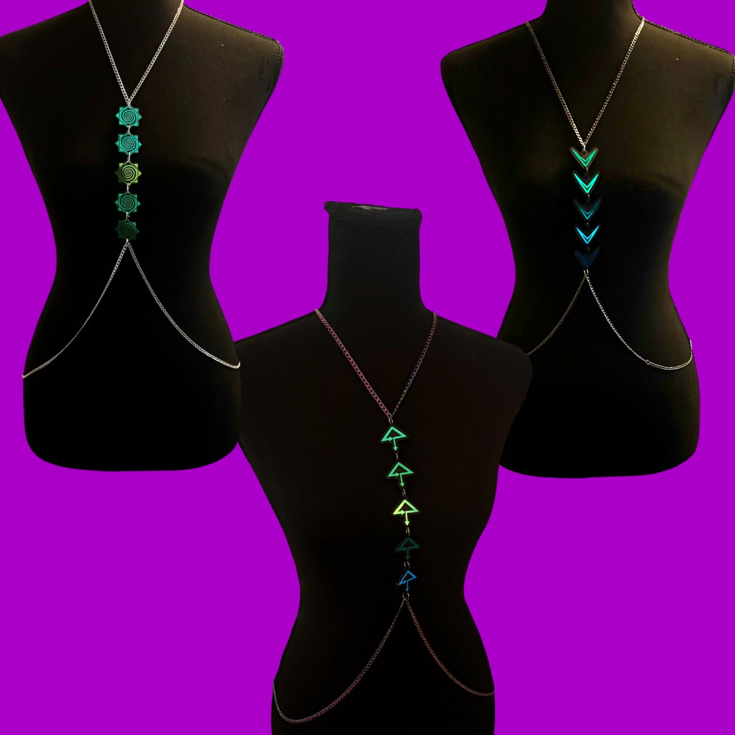 Custom teal/pine/blue holographic stainless steel body chains