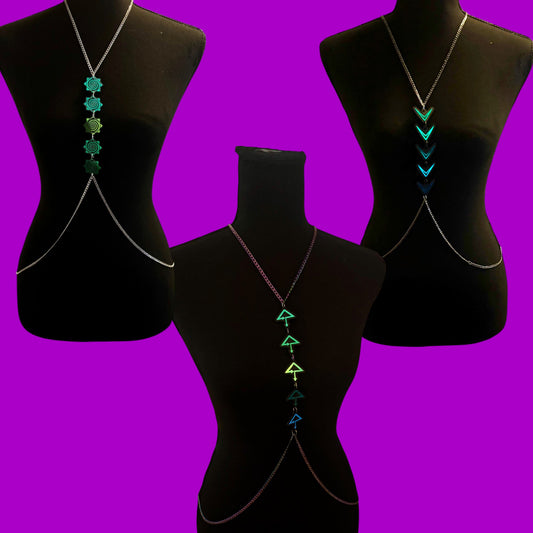 Custom teal/pine/blue holographic stainless steel body chains