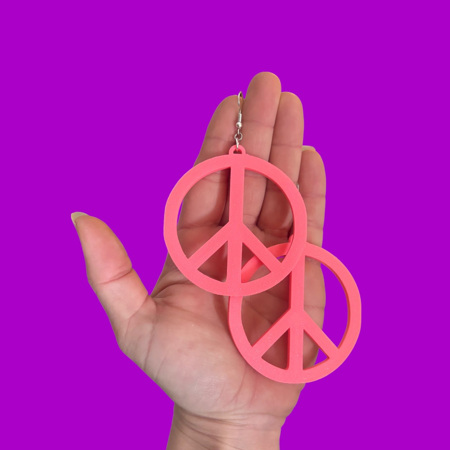Neon Pink large 3D printed peace sign earrings
