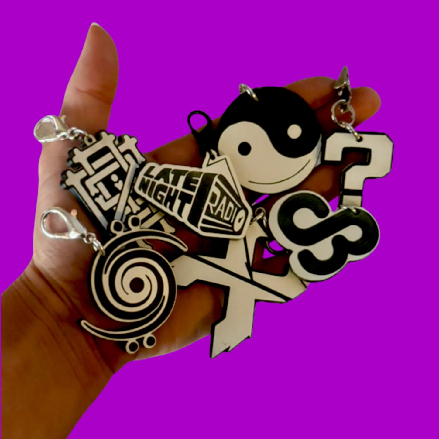Custom black & white acrylic clip on charms