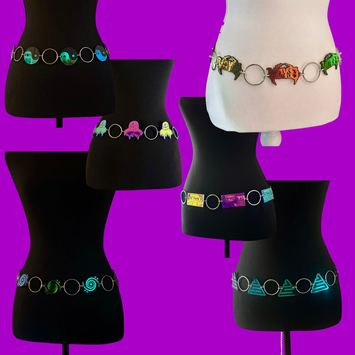 Customizable acrylic steel ring belts-mirror, holographic, black and white, brushed steel, and iridescent