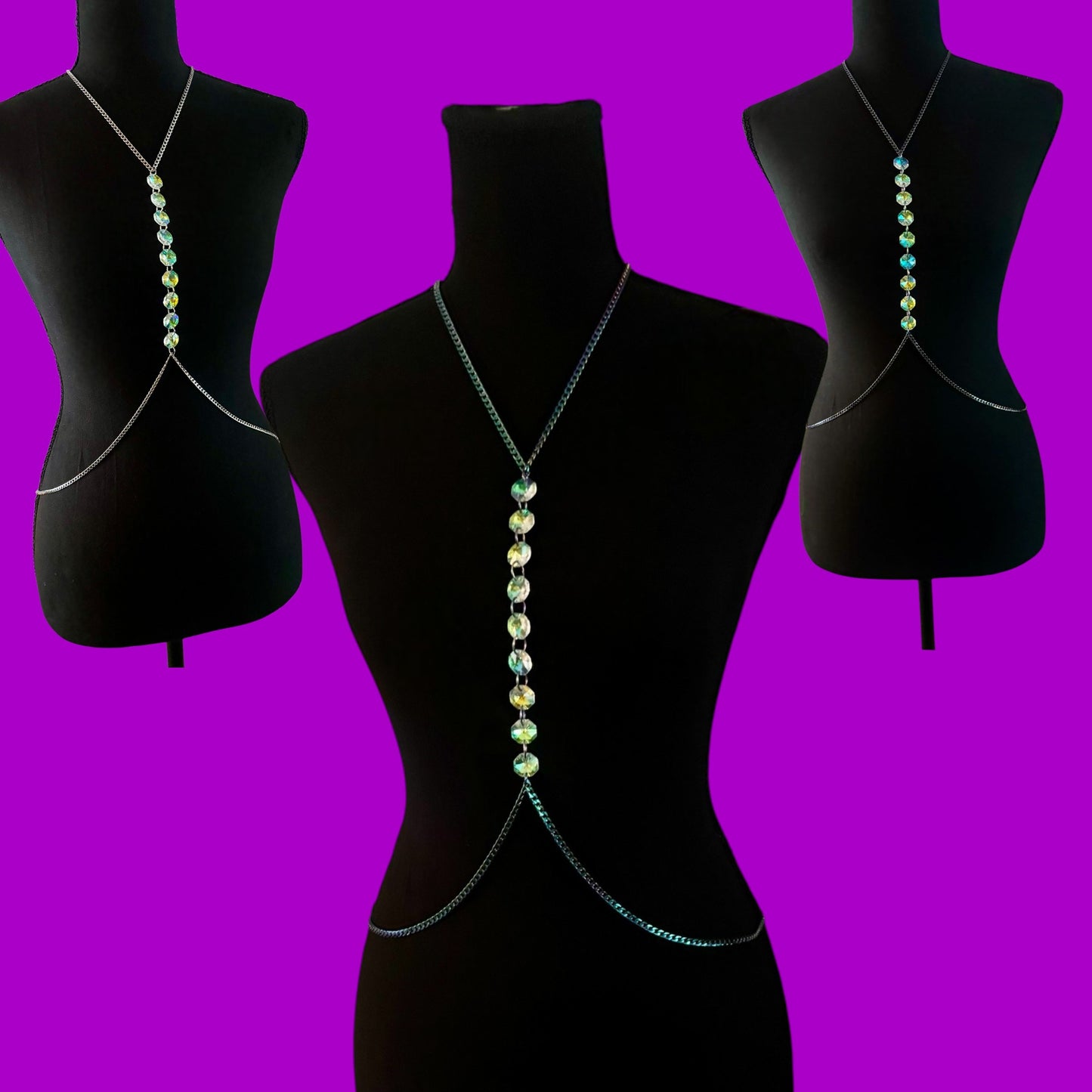 Iridescent gem stainless steel body chain