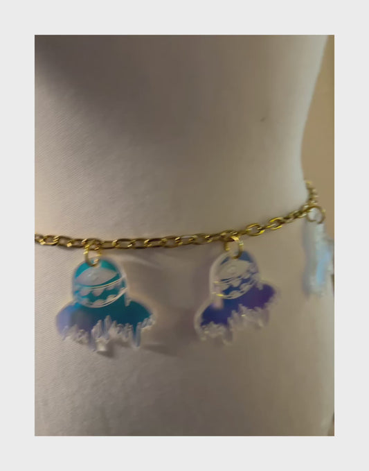 Custom stainless steel and iridescent acrylic chain belt