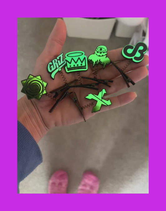 Custom teal/pine/blue holographic acrylic festival sprouts