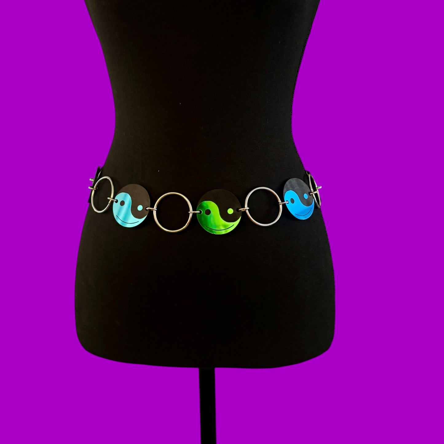Teal holographic yin yang smiley ring belt-size small